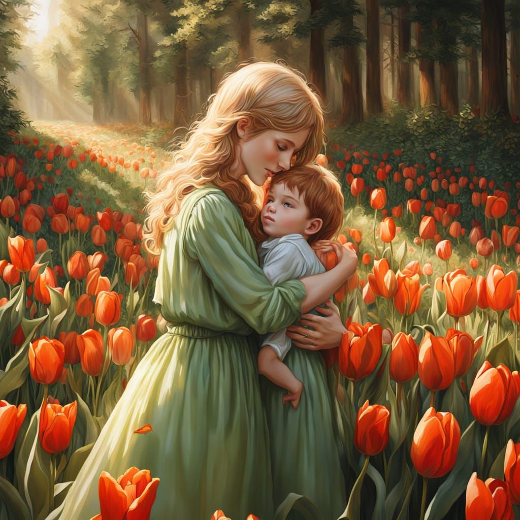 Woman and Child in Tulip Field: Photorealistic Oil Painting