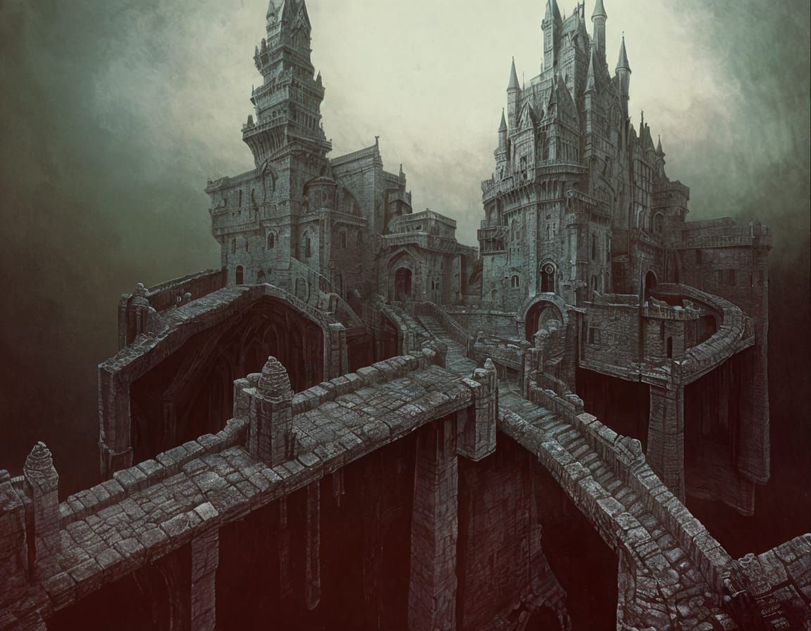 Surreal Castle with Twisted Moats and Drawbridges