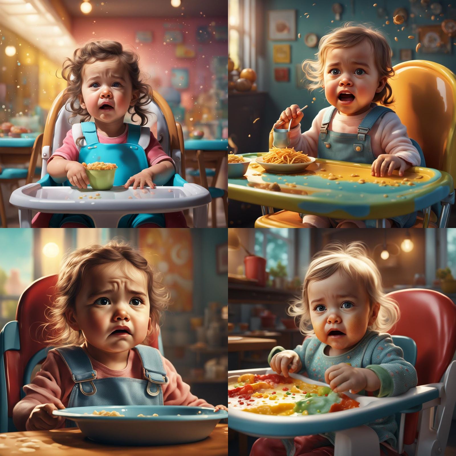 Sad Little Girl in High Chair: Hyperrealistic Image