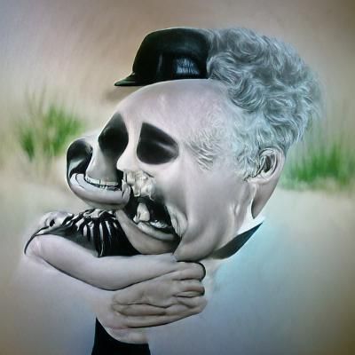 Emotional Skull Embraced by Charlie Chaplin