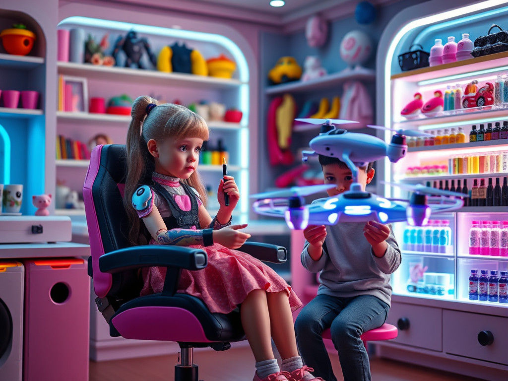 Futuristic Toy Shop Scene: Girl and Neon Drone