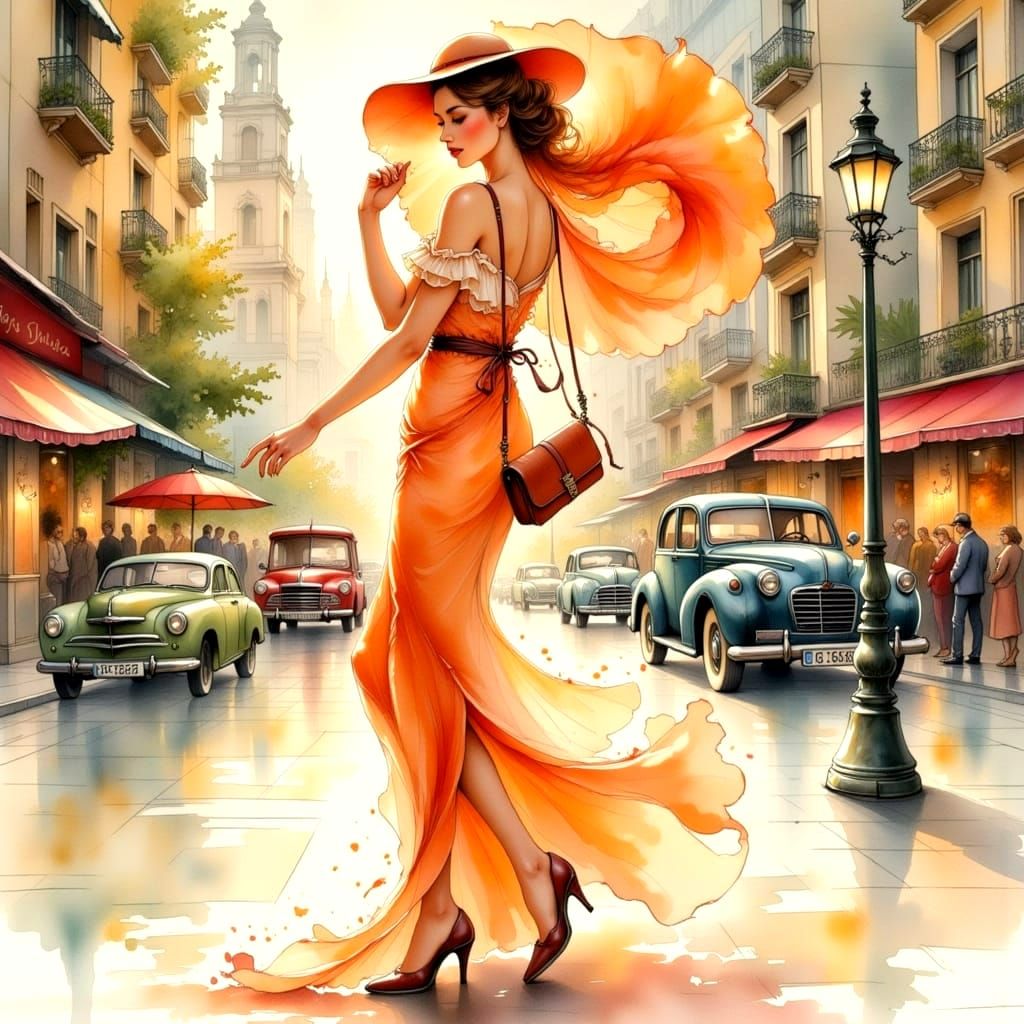 Elegant Apricot Woman in Art Deco Setting, Inspired by Klimt