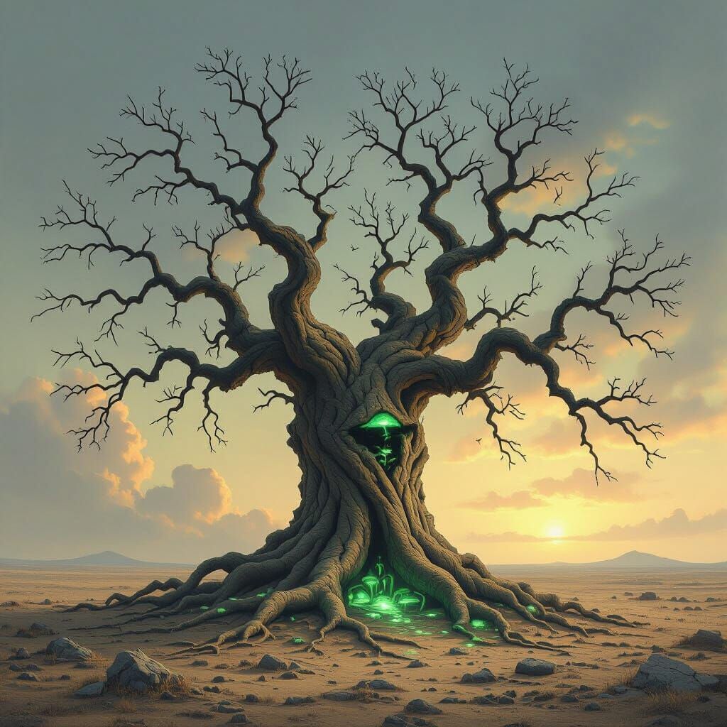Ancient Stone Tree on Barren Plain in Twilight