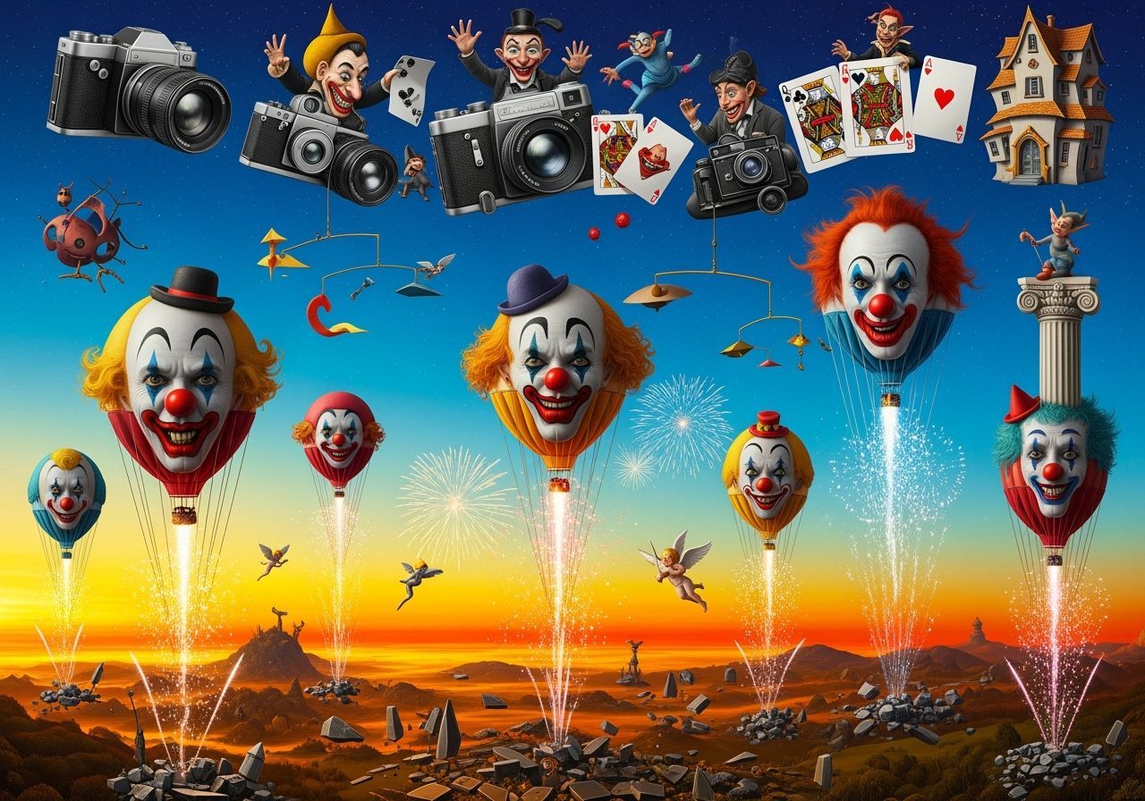 Whimsical Armageddon With Clown Balloons and Floating Object...