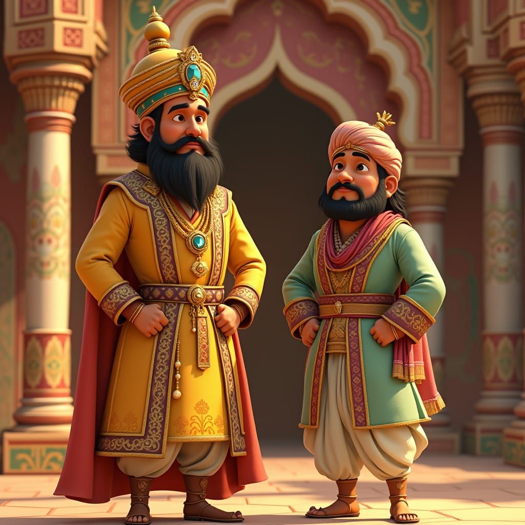 Majestic Akbar and Wise Birbal in Whimsical Indian Miniature...