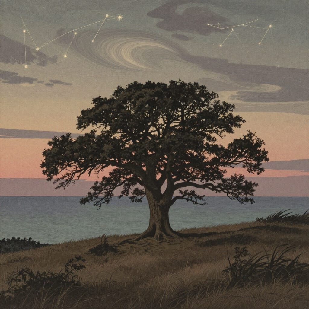 Ancient Oak Tree on Hill Overlooking Ethereal Ocean in Twili...