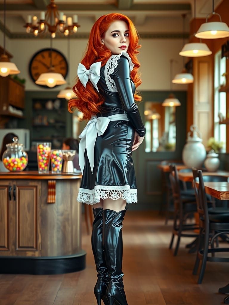 A 25 year old woman with very long, flowing red hair styled ...