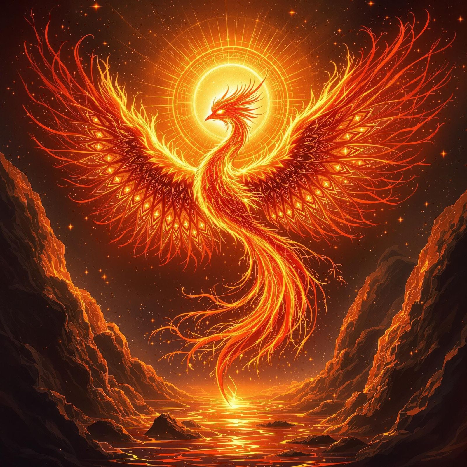 Blazing Fire Phoenix Rising Above Flame River