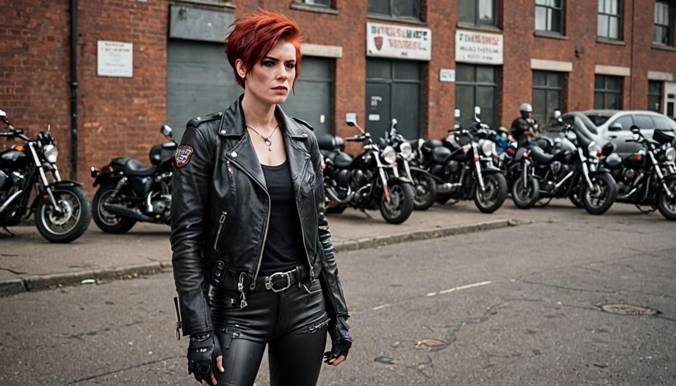 Mature British Punk Girl Stands in Parking Lot Next to Harle...