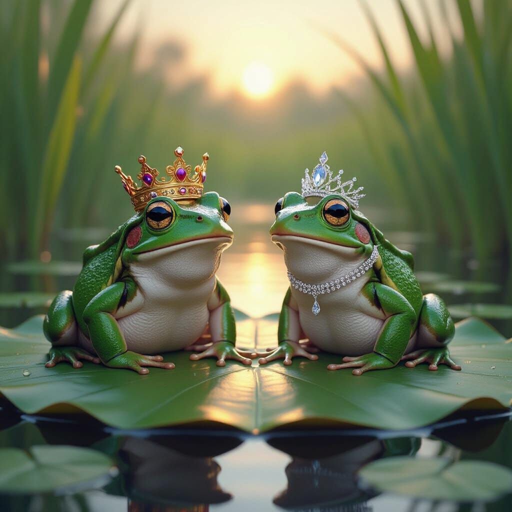 Surprised Frogs in Royal Attire on Lily Pad