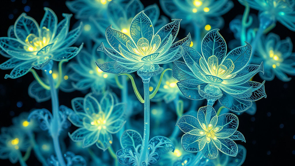 Bioluminescent Fractal Plants in a Starry Night Sky