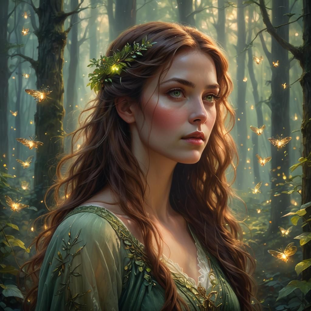 Ethereal Woman in Twilight Forest Portrait