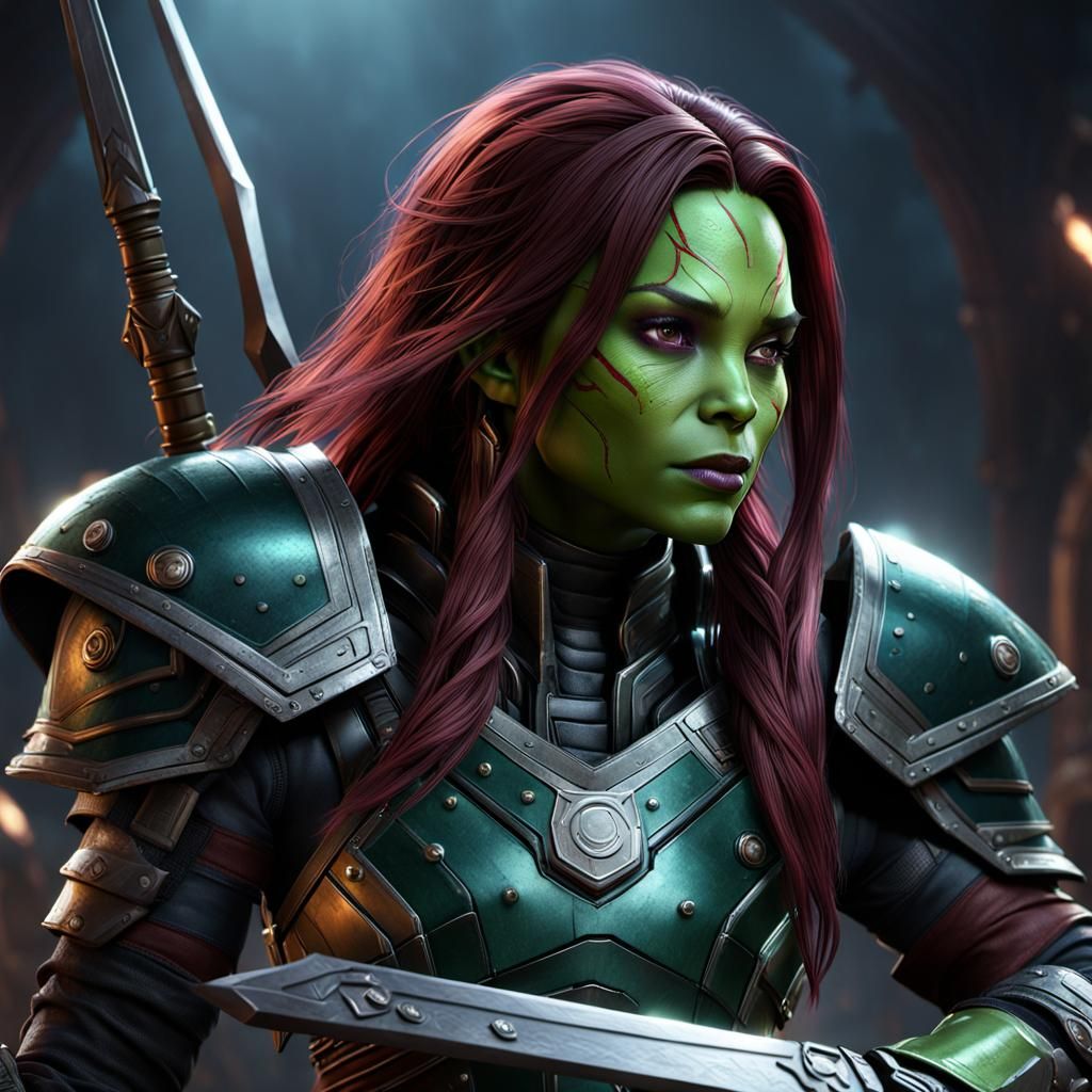 Armored Gamora with Sword and Shield: Fantasy Art