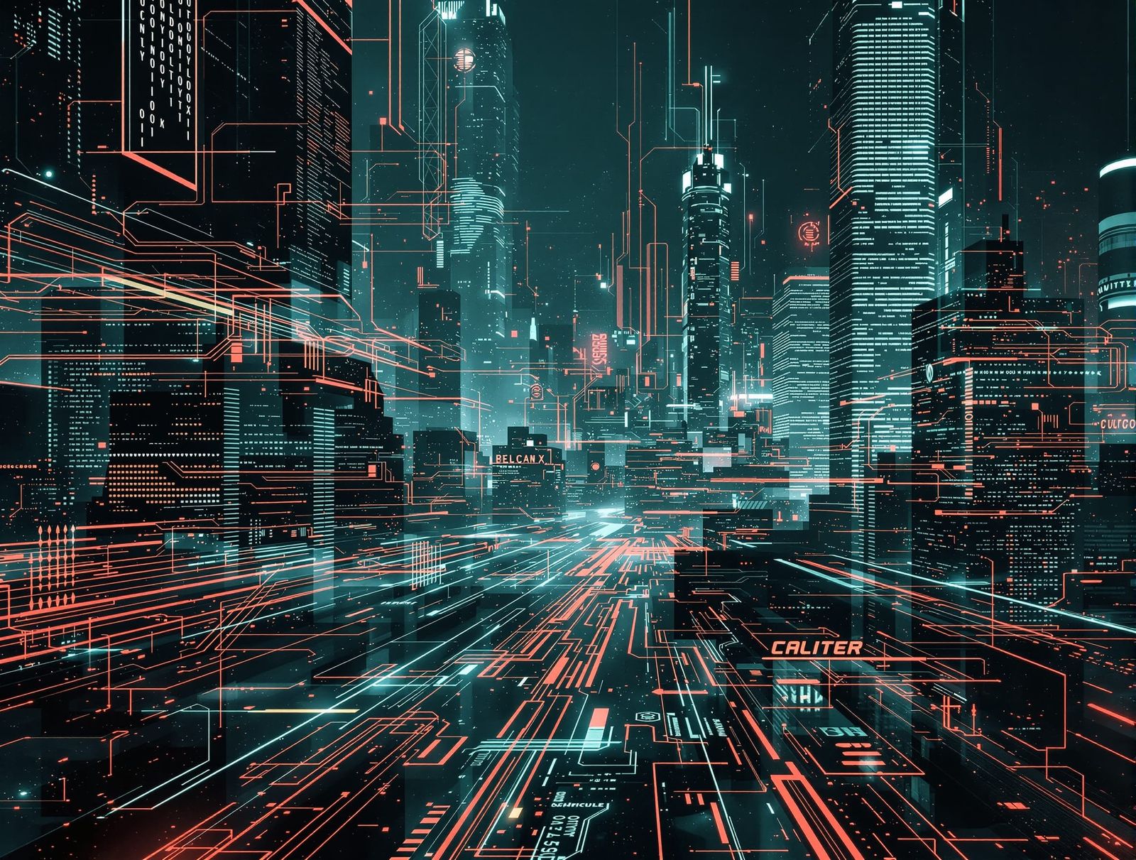 Majestic Cyberpunk Cityscape with Code Overlays