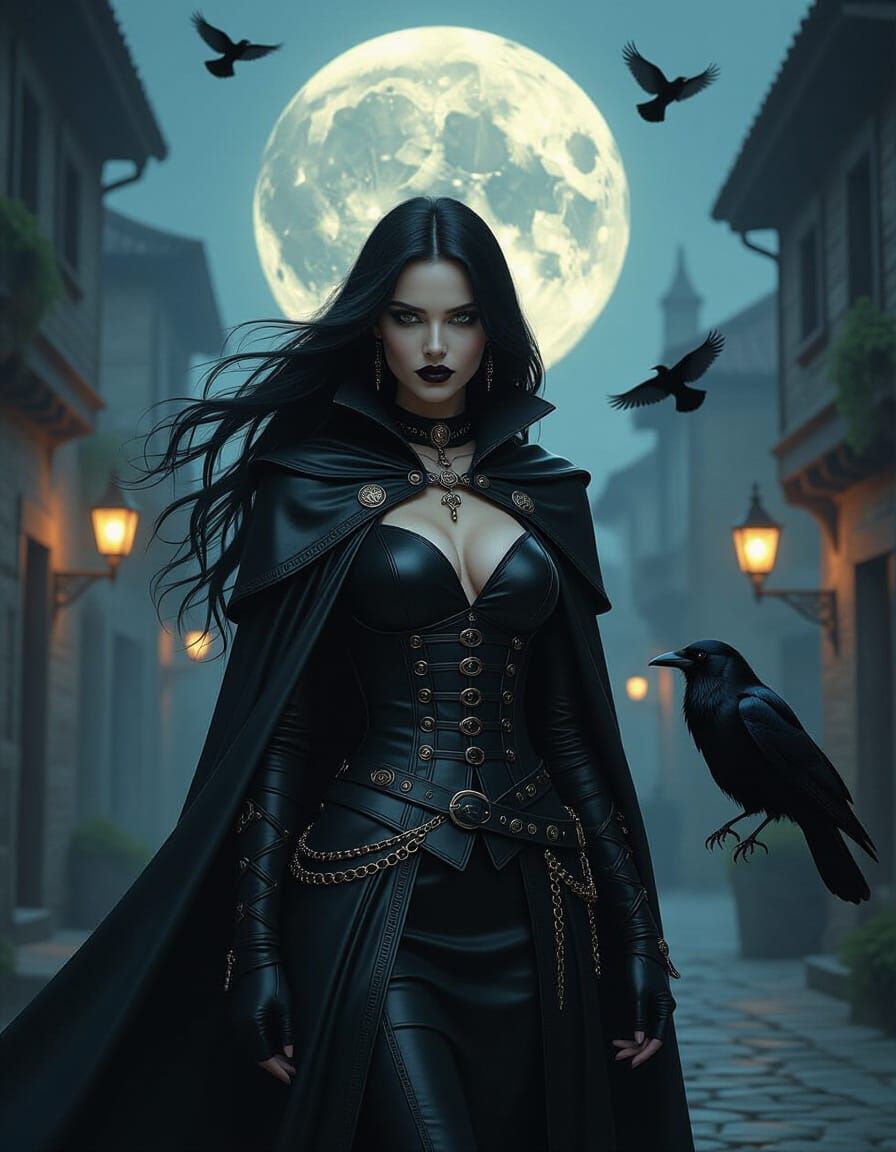 Gothic Enchantress with Ravens Under Full Moon