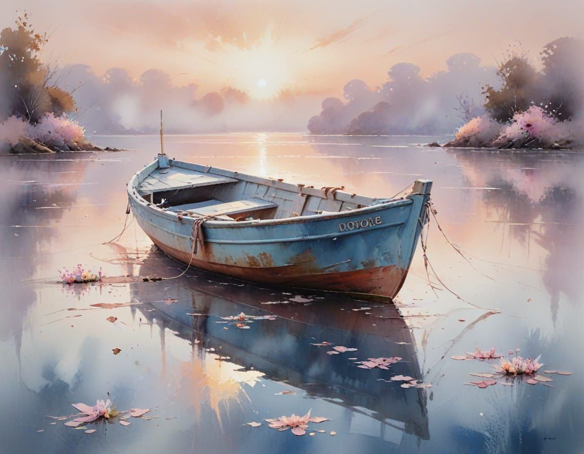 Old Boat at Harbour in Watercolor Style