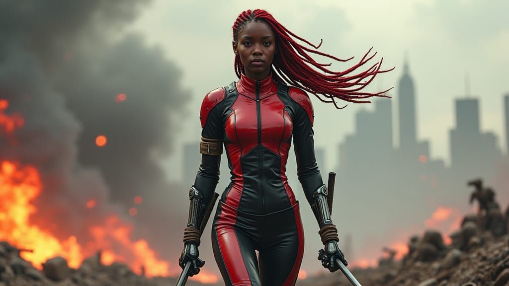 Kenyan Cyborg Warrior in Dystopian Battlefield