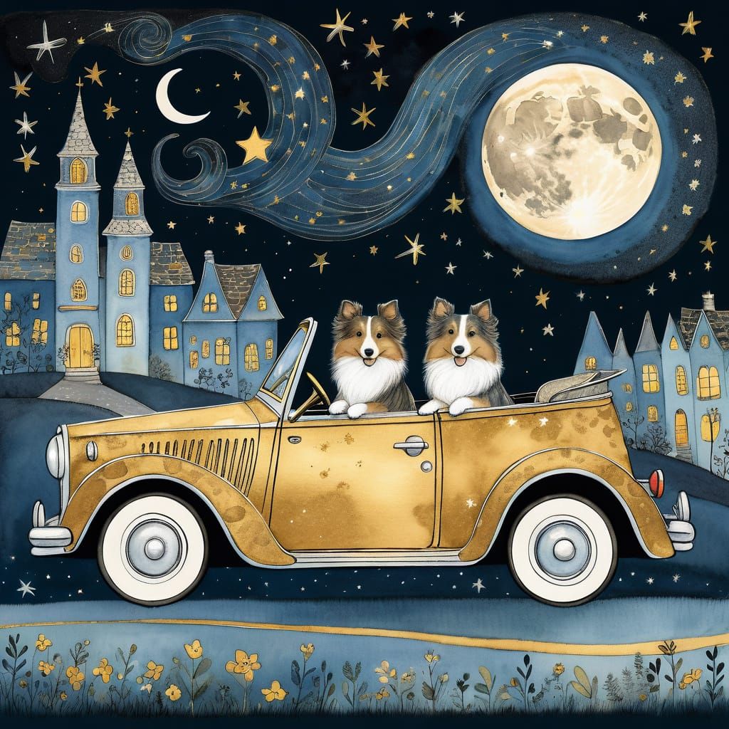 Two Adorable Shelties Speed Through a Whimsical Moonlit Nigh...