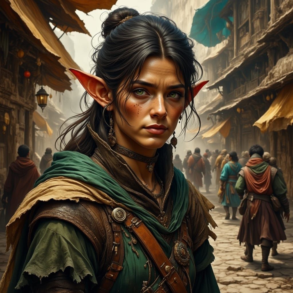 Half-Elf Shopkeeper in Market, Water-Ink Style