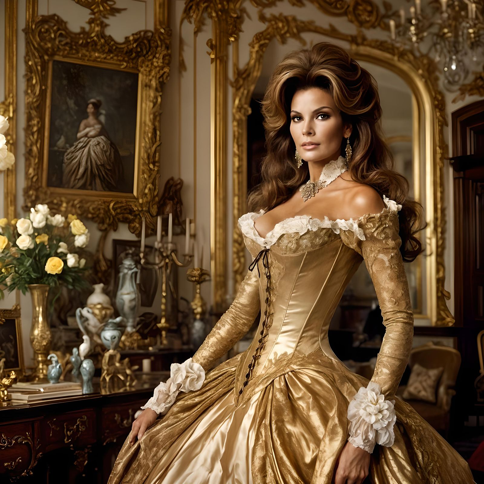 Raquel Welch in Lavish Gold Victorian Dress