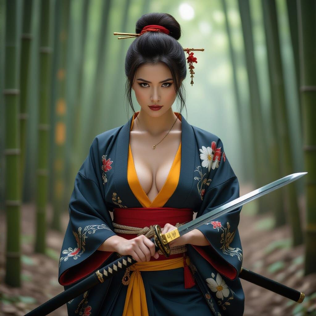 Sensual Samurai in Bamboo Forest, Editorial Illustration Sty...