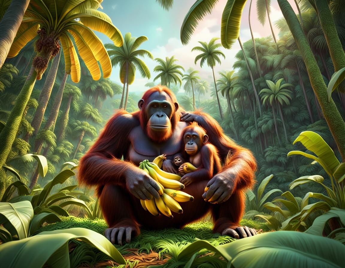 Orangutans Eating Bananas in Tropical Forest, 3D Digital Art