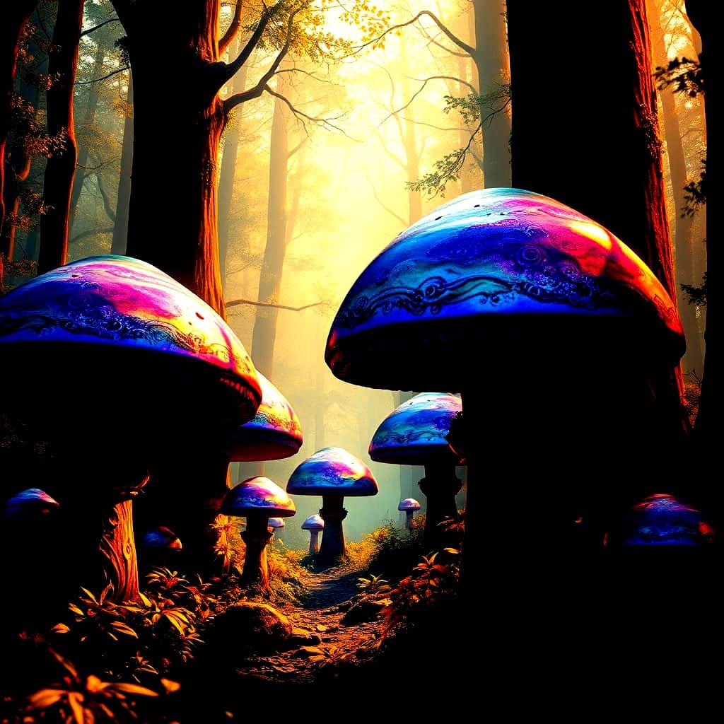 Surreal Forest Scene with Iridescent Mushrooms in Matte Pain...