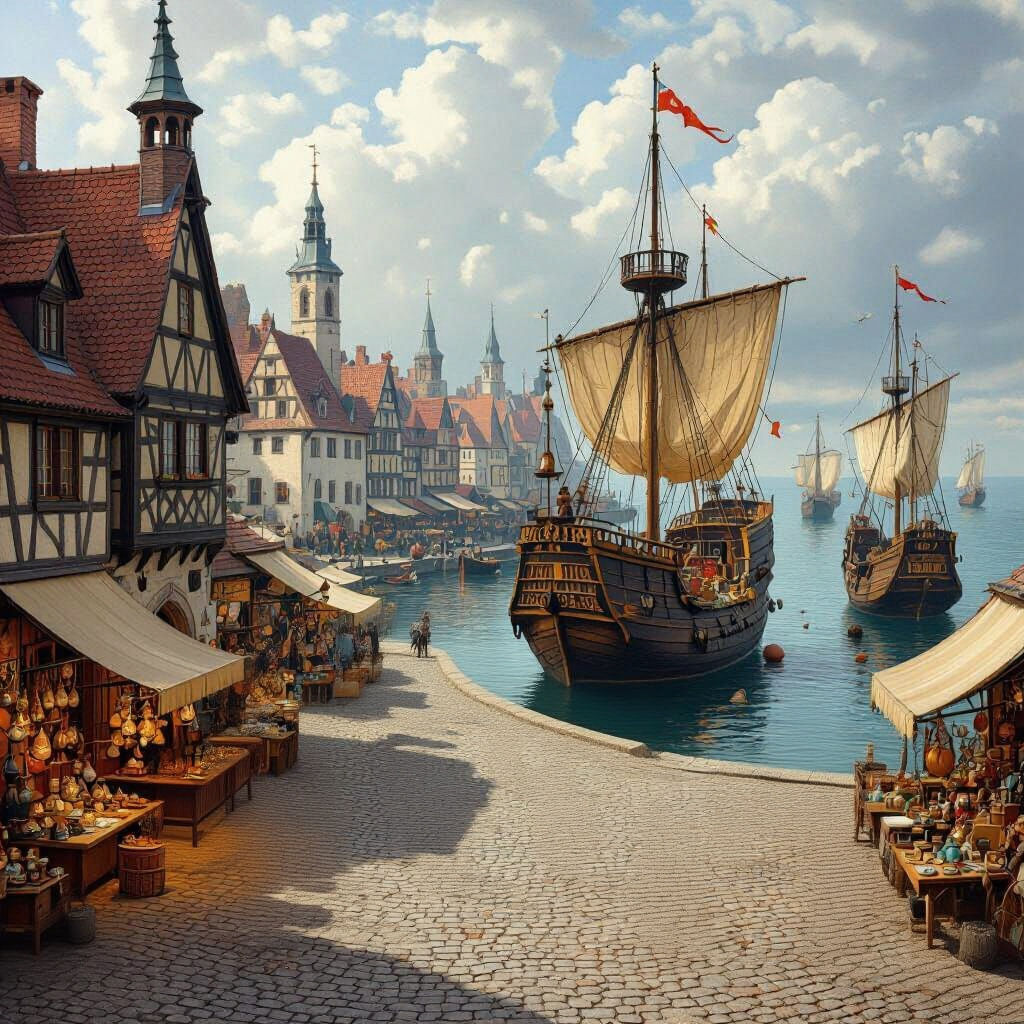 Lively Medieval Market in a German Port