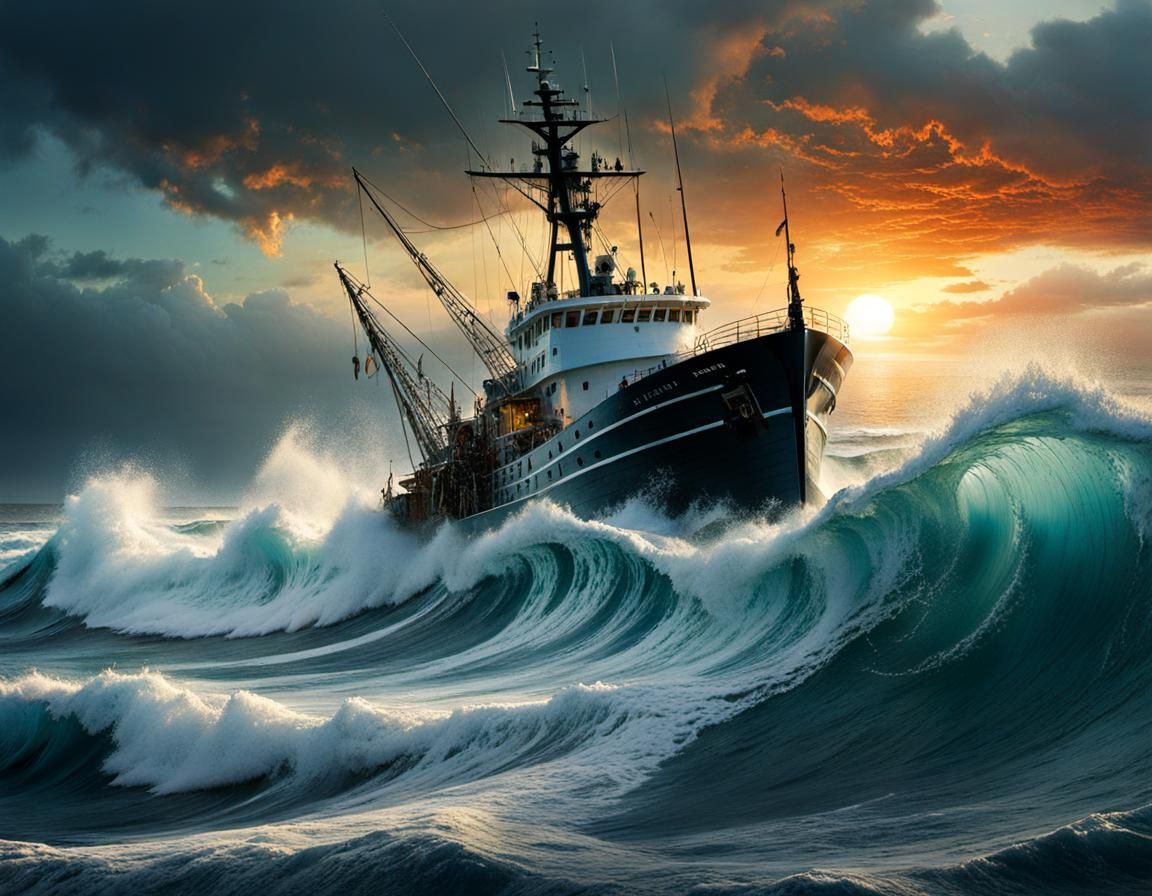 Fishing Boat Amidst Stormy Seas at Sunrise