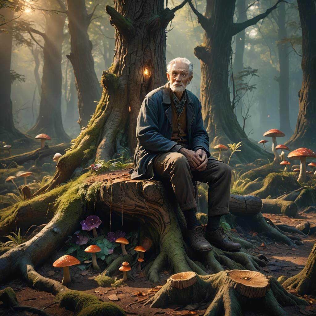 Mystical Forest Scene with Old Man, Fantasy Art