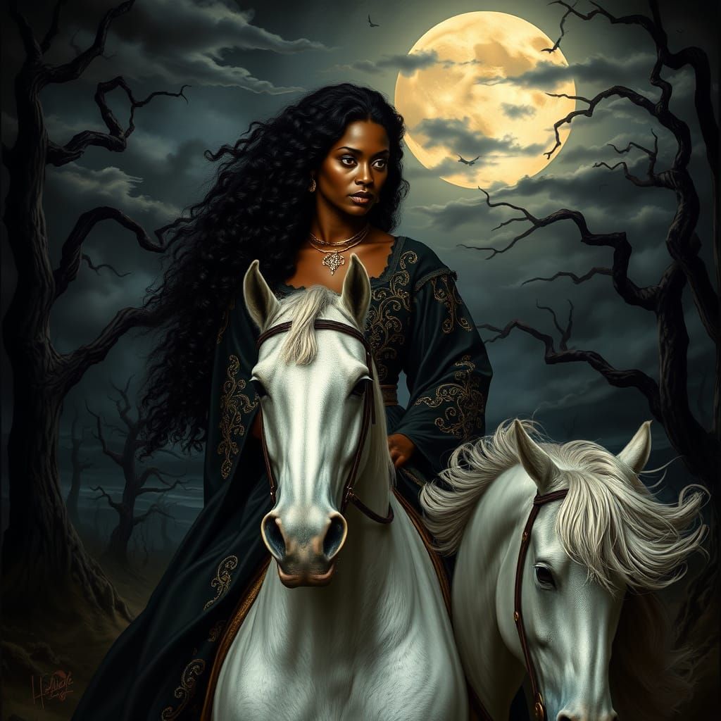 Majestic Dark-Skinned Queen Rides Stallion in Moonlit Forest