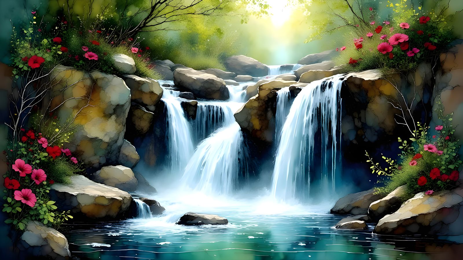 Surreal Waterfall Landscape in Ink and Watercolor Style