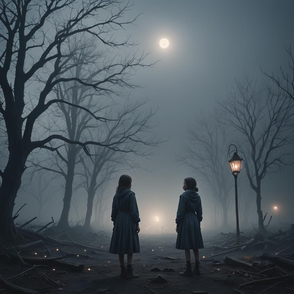 Eerie Girl in Misty, Abandoned Landscape