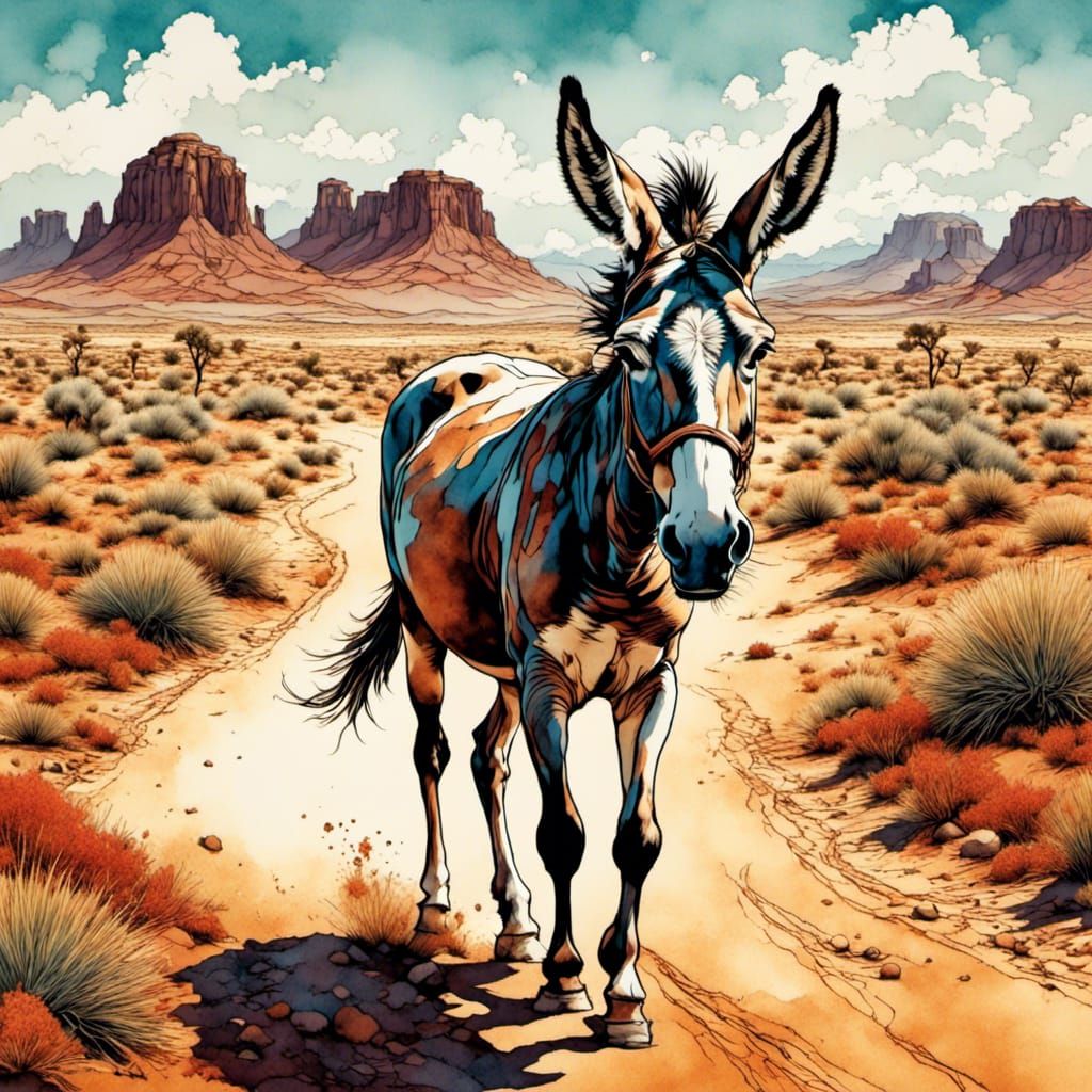 Donkey in Desert Coloring Book Illustration