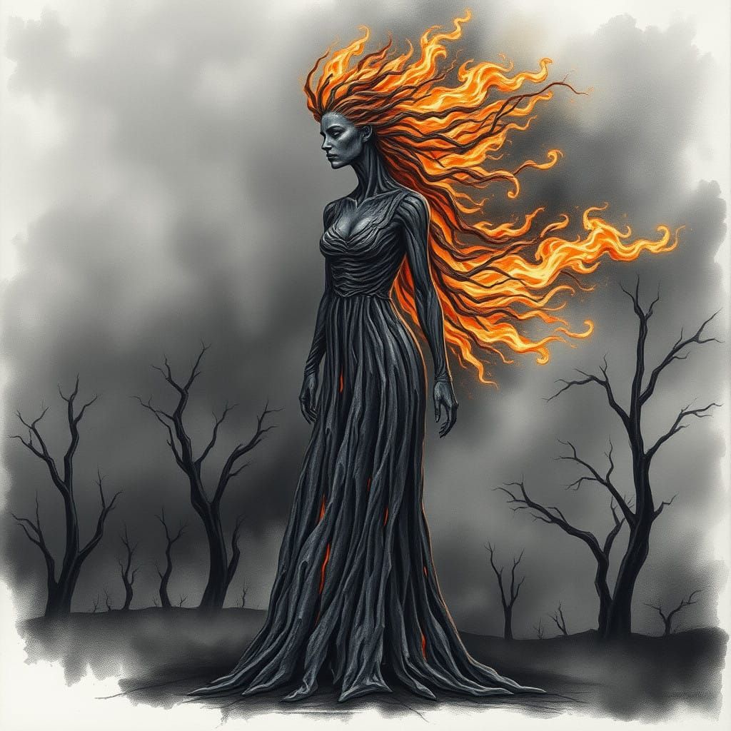 Charred Wood Woman with Fiery Hair in Watercolor Style