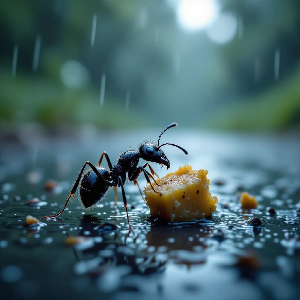 Lone Ant Carries Food Through Heavy Rain