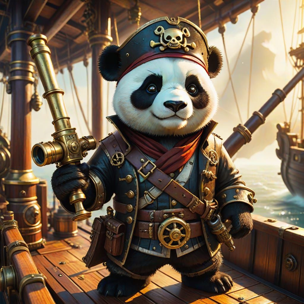 Panda Pirate on Steampunk Ship in Fantasy Art Style