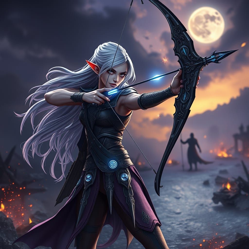 Ethereal Elf Archer in Dark Fantasy Battle Scene