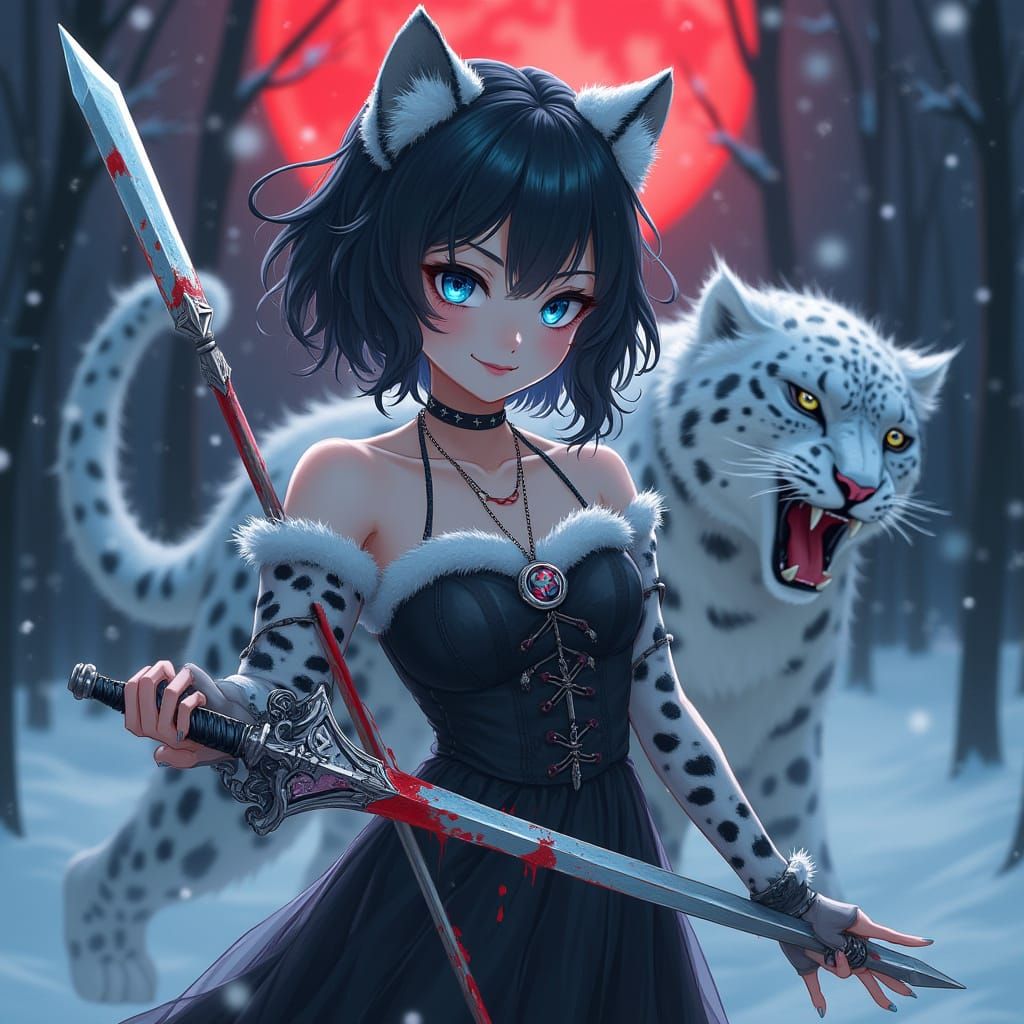 Gothic Snow Leopard Goddess with Magical Sword