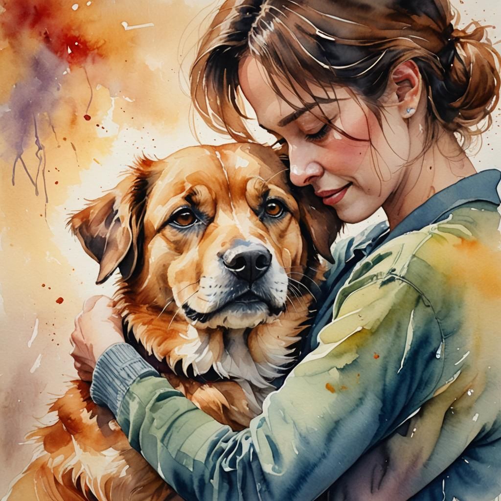 Dog Embracing Person in Vibrant Watercolor Style
