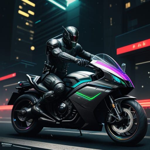 Cyberpunk Samurai in Iridescent Exosuit Rides Laser Katana C...