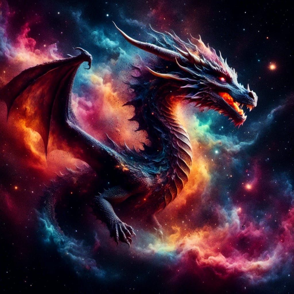 Vibrant Cosmic Dragon Hunting in Nebula, Watercolor Style
