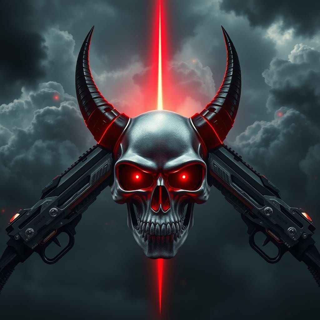 Menacing Metallic Skull Illuminated by Ominous Red Beam