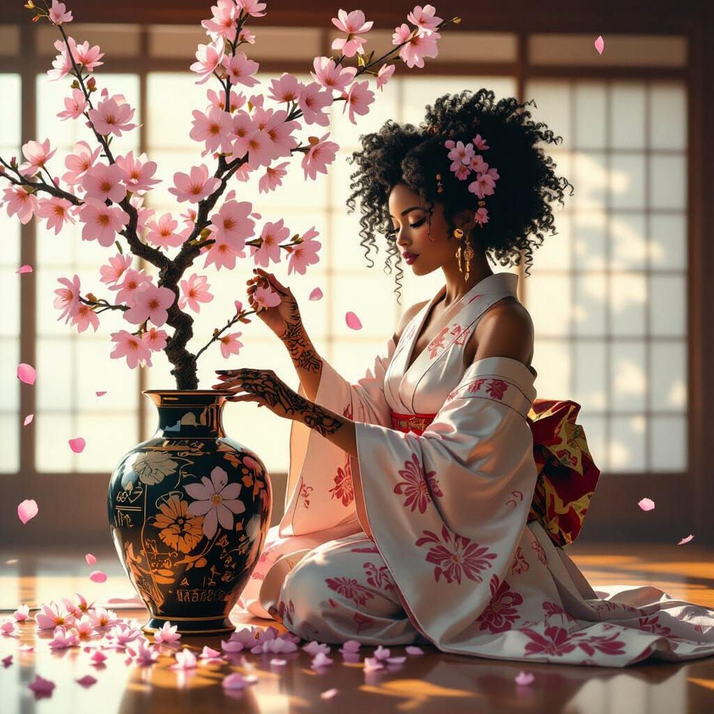 Afrofuturist Goddess Arranging Cherry Blossoms