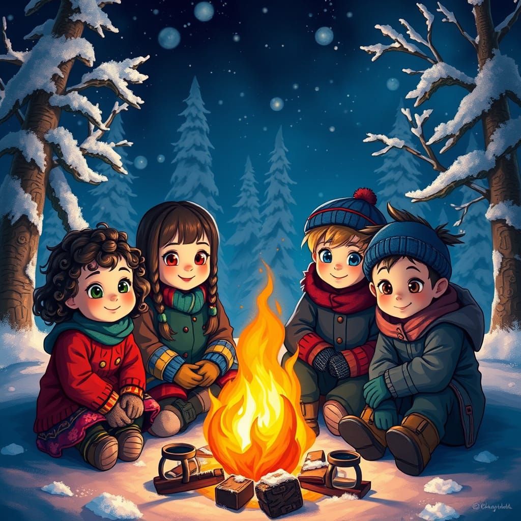 vibrant and enchanting winter night scene featuring four cut...