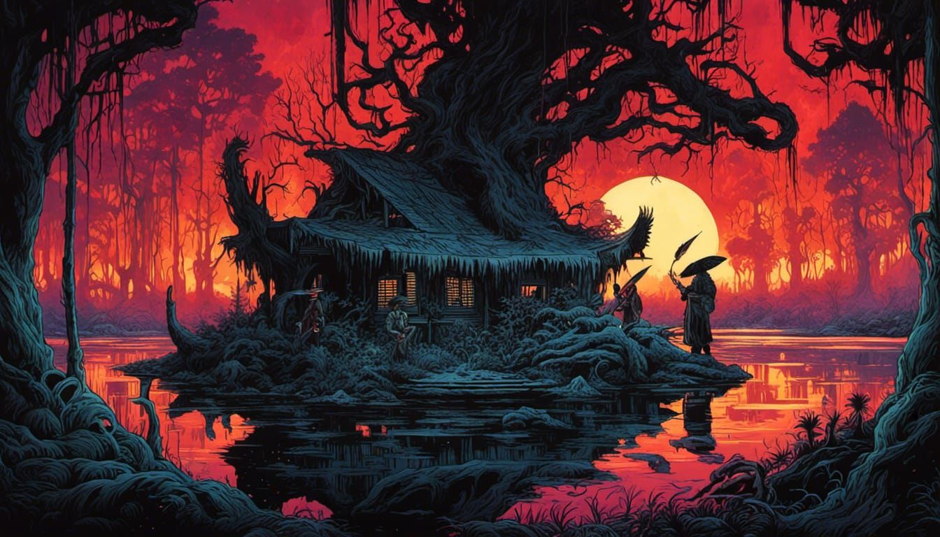 Space Alien Captures Shaman in Dark Fantasy Swamp