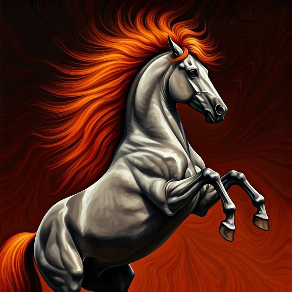 Majestic Red-Maned Horse Rearing Up: Photorealistic Impasto
