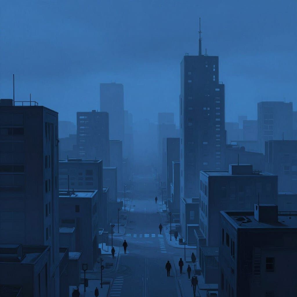 Desolate Blue Cityscape Under Oppressive Twilight
