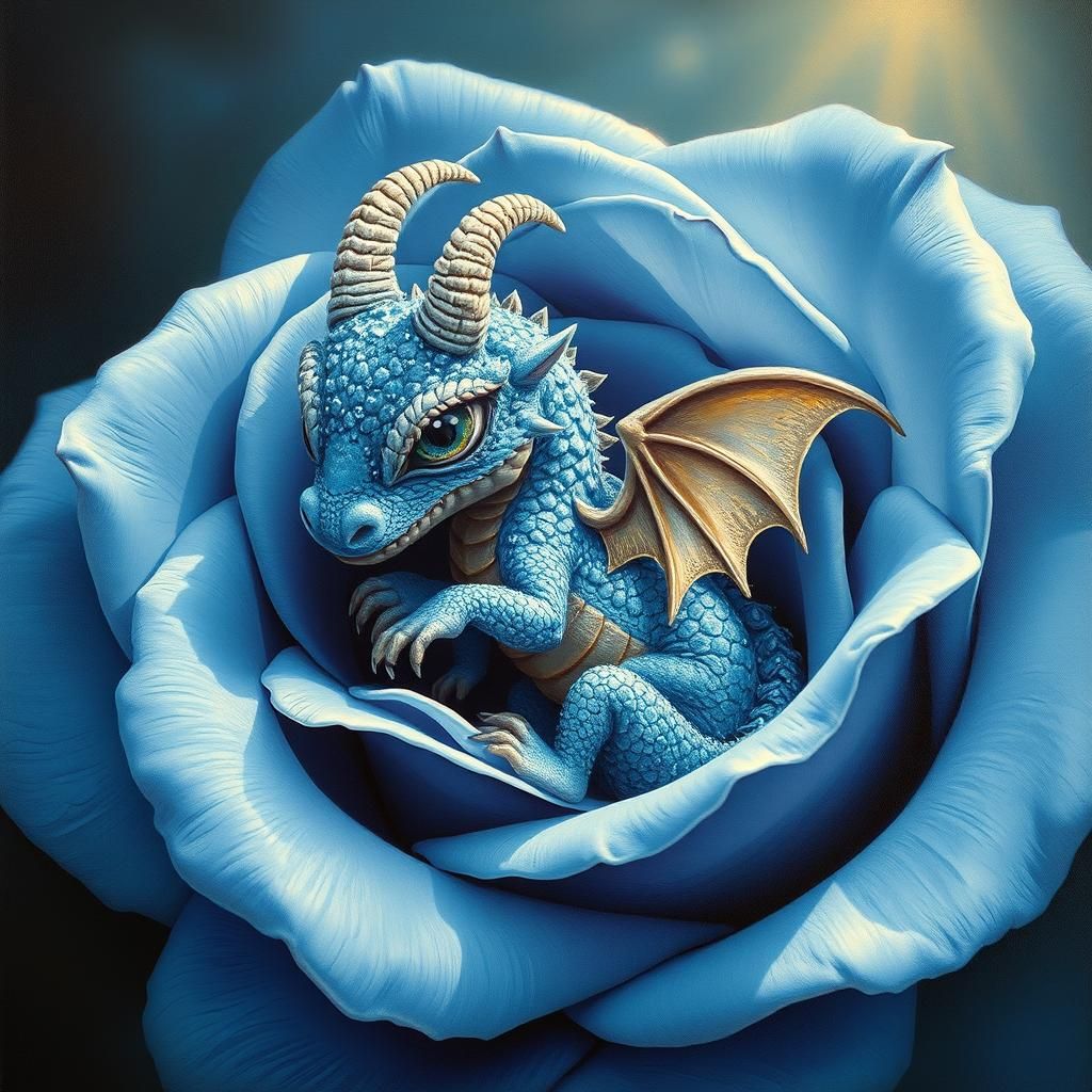 Surreal Blue Rose with Frosty Dragon in Dreamlike Hyper Deta...