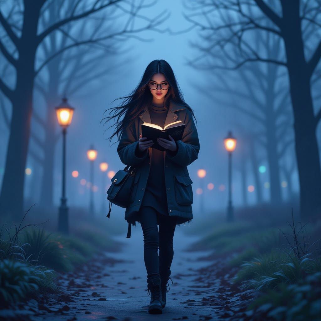 Goth Girl Reading in Foggy Park, Matte Painting Style